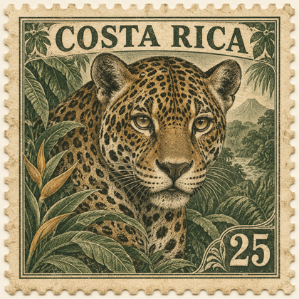 Vintage Costa Rica postage stamp with an engraved jaguar